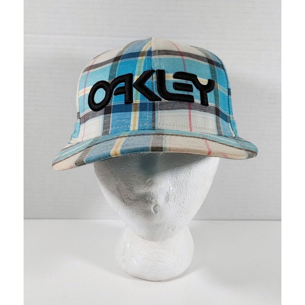 New Era Oakley 7 1/4  Fitted Hat Ball Cap Blue White Plaid